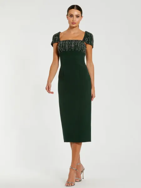 Green Embellished Cap Sleeve Crepe Midi Dress